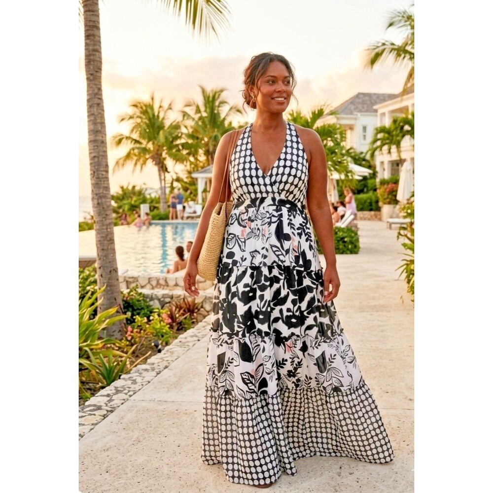 NWT LANE BRYANT Black & White Textured Floral Sundress - Halter Maxi Dress SZ 16